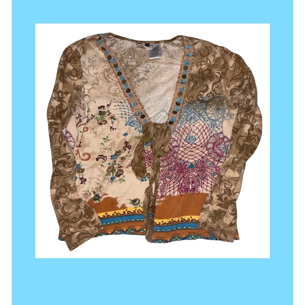 Forbidden Women Boho Patchwork Embellished V-Neck Tie Front Cotton Top Large